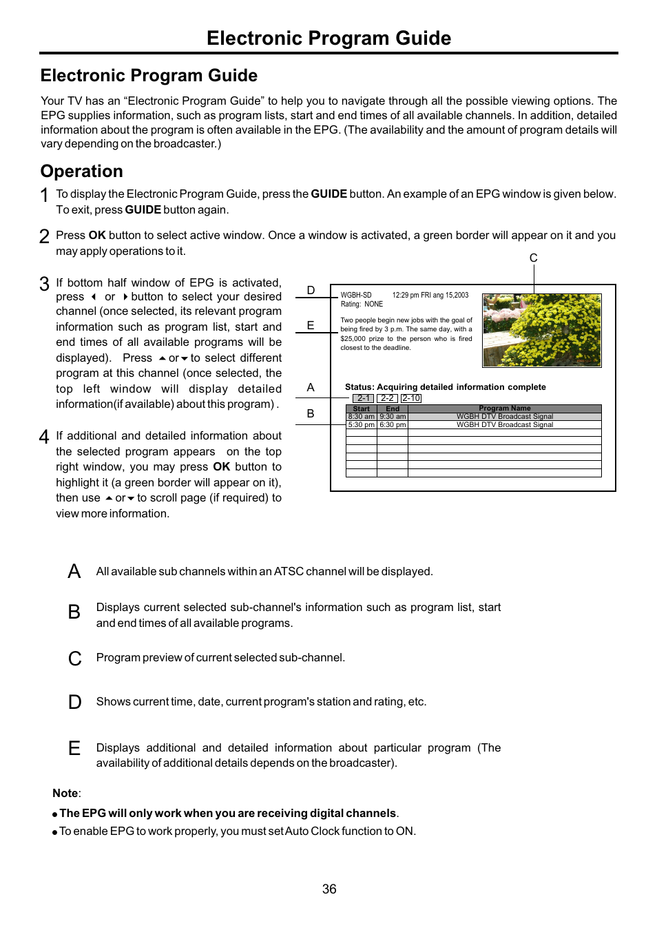 页面 38, Electronic program guide, Operation | Audiovox FPE3707HR User Manual | Page 38 / 55