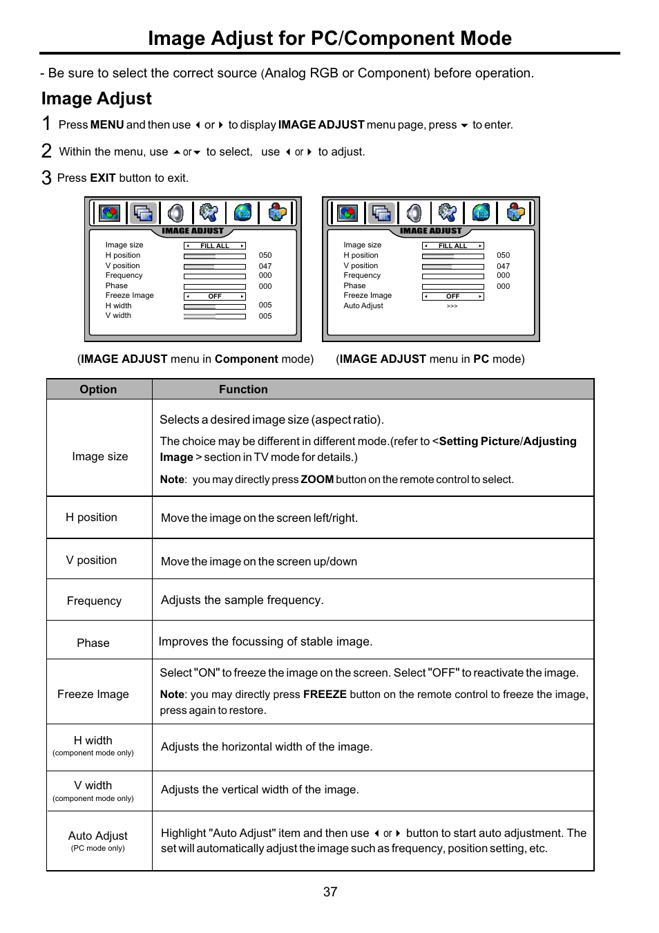 页面 39, Image adjust for pc / component mode, Image | Adjust | Audiovox FPE3707HR User Manual | Page 39 / 55