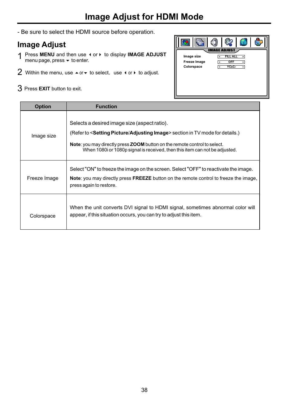 页面 40, Image adjust for hdmi mode, Image | Adjust | Audiovox FPE3707HR User Manual | Page 40 / 55
