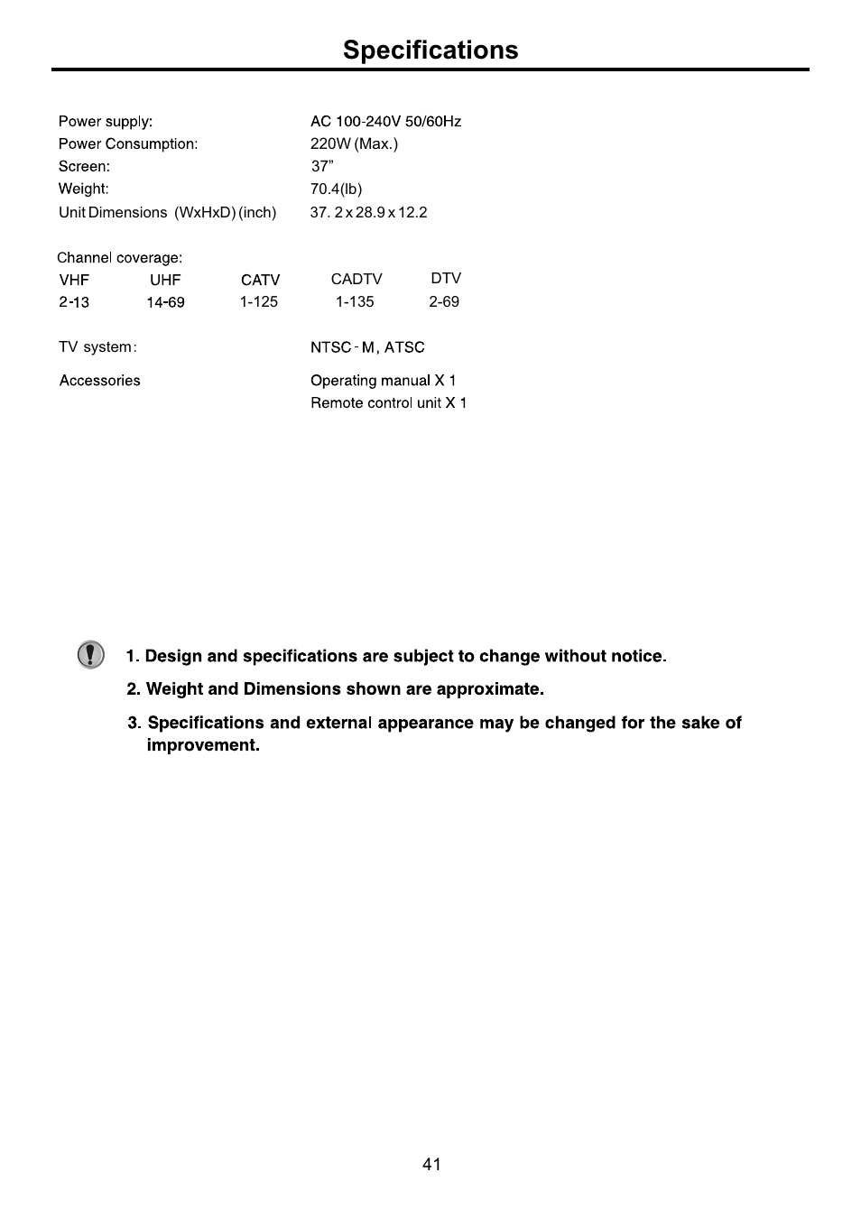 页面 43, Specifications | Audiovox FPE3707HR User Manual | Page 43 / 55