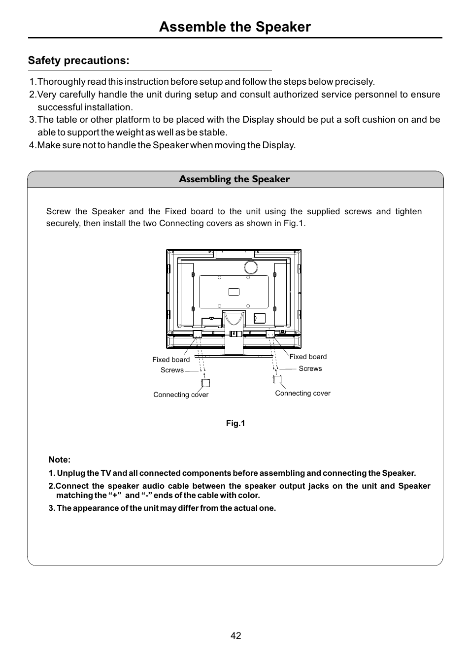 页面 44, Assemble the speaker, Safety precautions | Audiovox FPE3707HR User Manual | Page 44 / 55