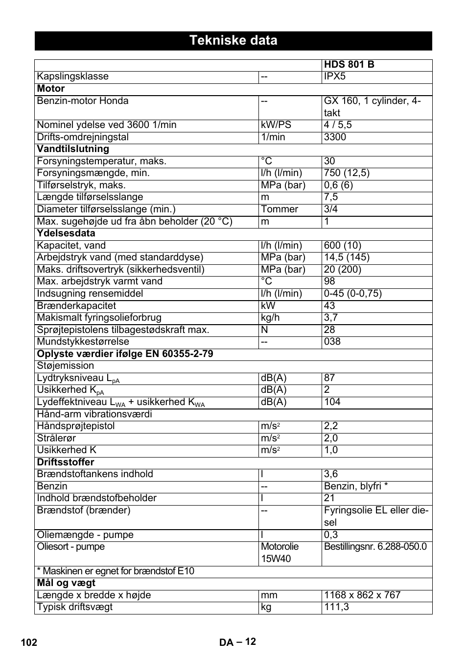 Tekniske data | Karcher HDS 801 B User Manual | Page 102 / 332