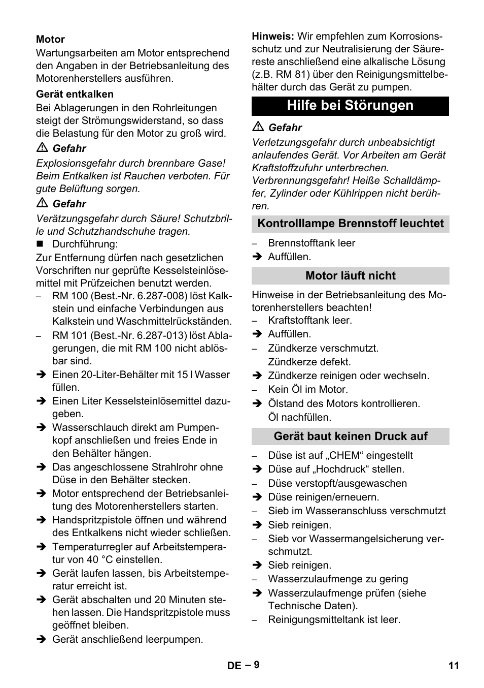 Motor, Gerät entkalken, Hilfe bei störungen | Kontrolllampe brennstoff leuchtet, Motor läuft nicht, Gerät baut keinen druck auf | Karcher HDS 801 B User Manual | Page 11 / 332
