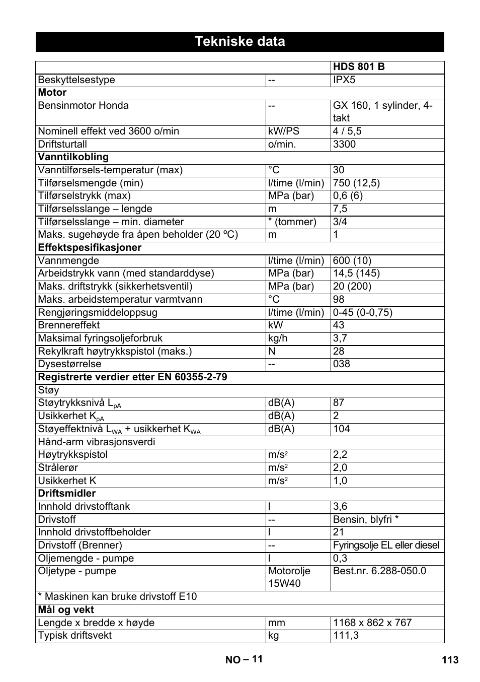 Tekniske data | Karcher HDS 801 B User Manual | Page 113 / 332