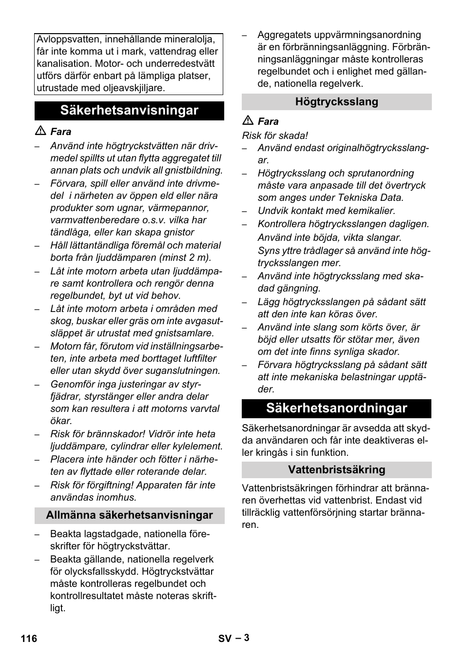 Säkerhetsanvisningar, Allmänna säkerhetsanvisningar, Högtrycksslang | Säkerhetsanordningar, Vattenbristsäkring | Karcher HDS 801 B User Manual | Page 116 / 332