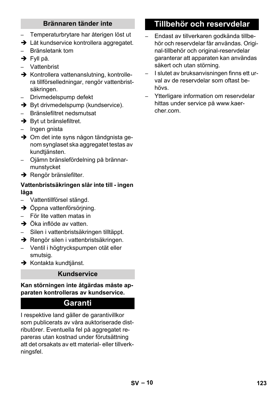 Brännaren tänder inte, Vattenbristsäkringen slår inte till - ingen låga, Kundservice | Garanti, Tillbehör och reservdelar, Garanti tillbehör och reservdelar | Karcher HDS 801 B User Manual | Page 123 / 332