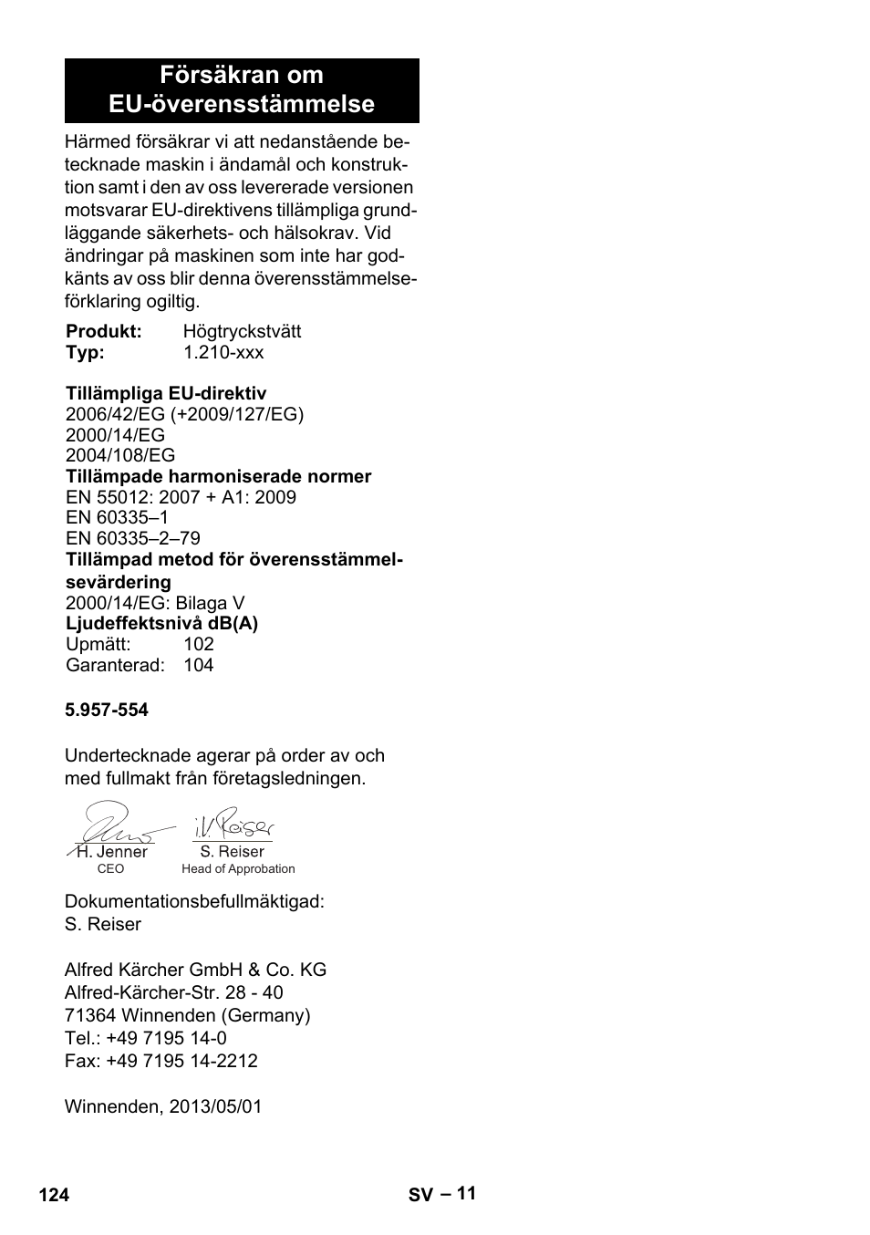 Försäkran om eu-överensstämmelse | Karcher HDS 801 B User Manual | Page 124 / 332