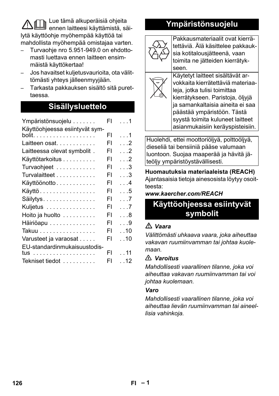 Suomi, Sisällysluettelo, Ympäristönsuojelu | Käyttöohjeessa esiintyvät symbolit | Karcher HDS 801 B User Manual | Page 126 / 332