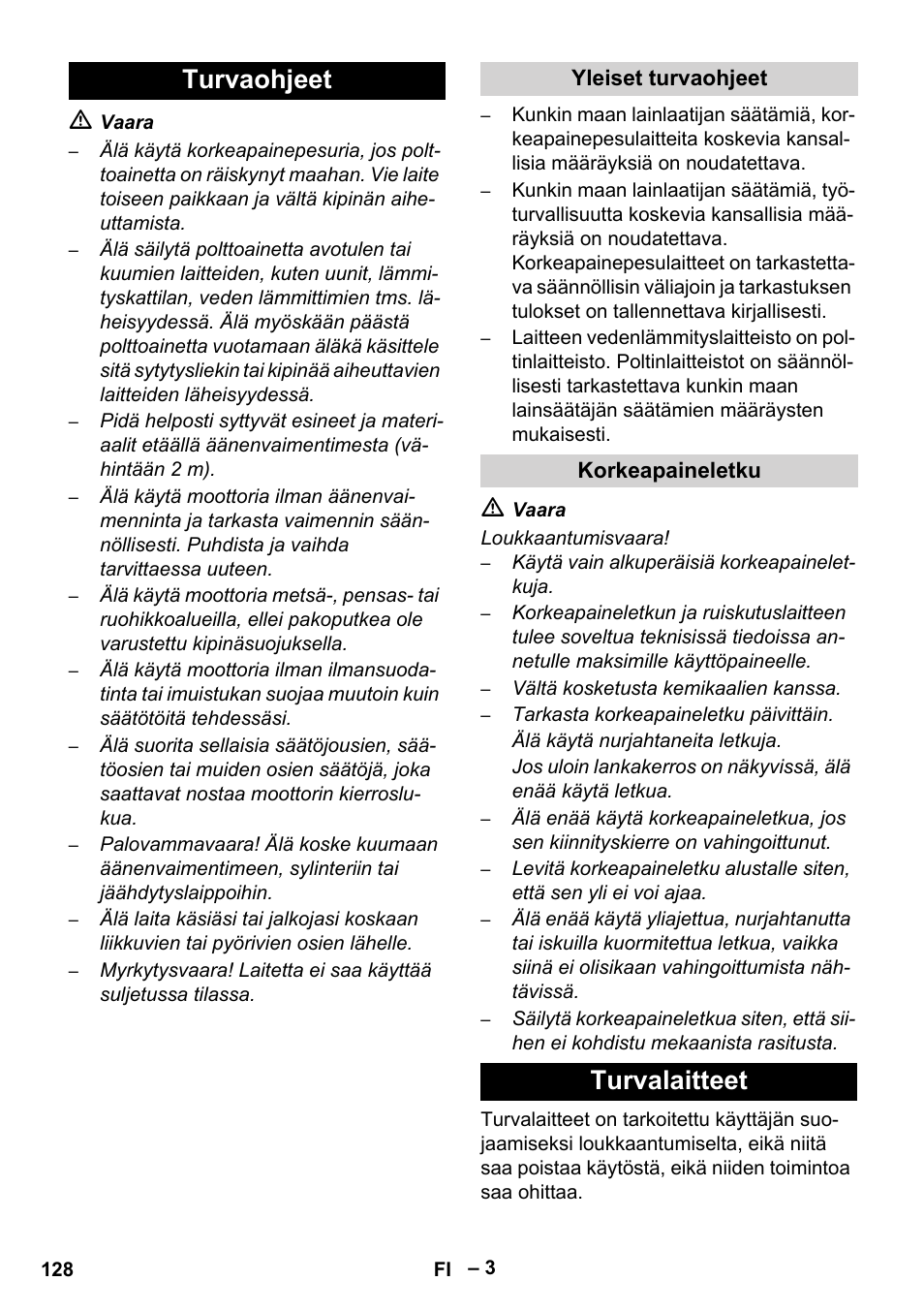 Turvaohjeet, Yleiset turvaohjeet, Korkeapaineletku | Turvalaitteet | Karcher HDS 801 B User Manual | Page 128 / 332