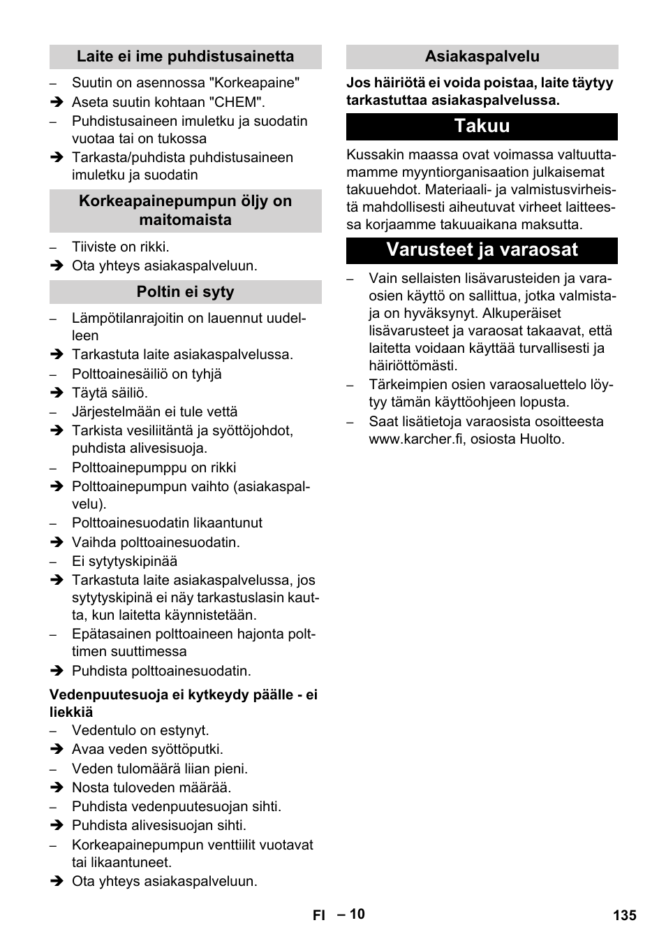 Laite ei ime puhdistusainetta, Korkeapainepumpun öljy on maitomaista, Poltin ei syty | Vedenpuutesuoja ei kytkeydy päälle - ei liekkiä, Asiakaspalvelu, Takuu, Varusteet ja varaosat, Takuu varusteet ja varaosat | Karcher HDS 801 B User Manual | Page 135 / 332