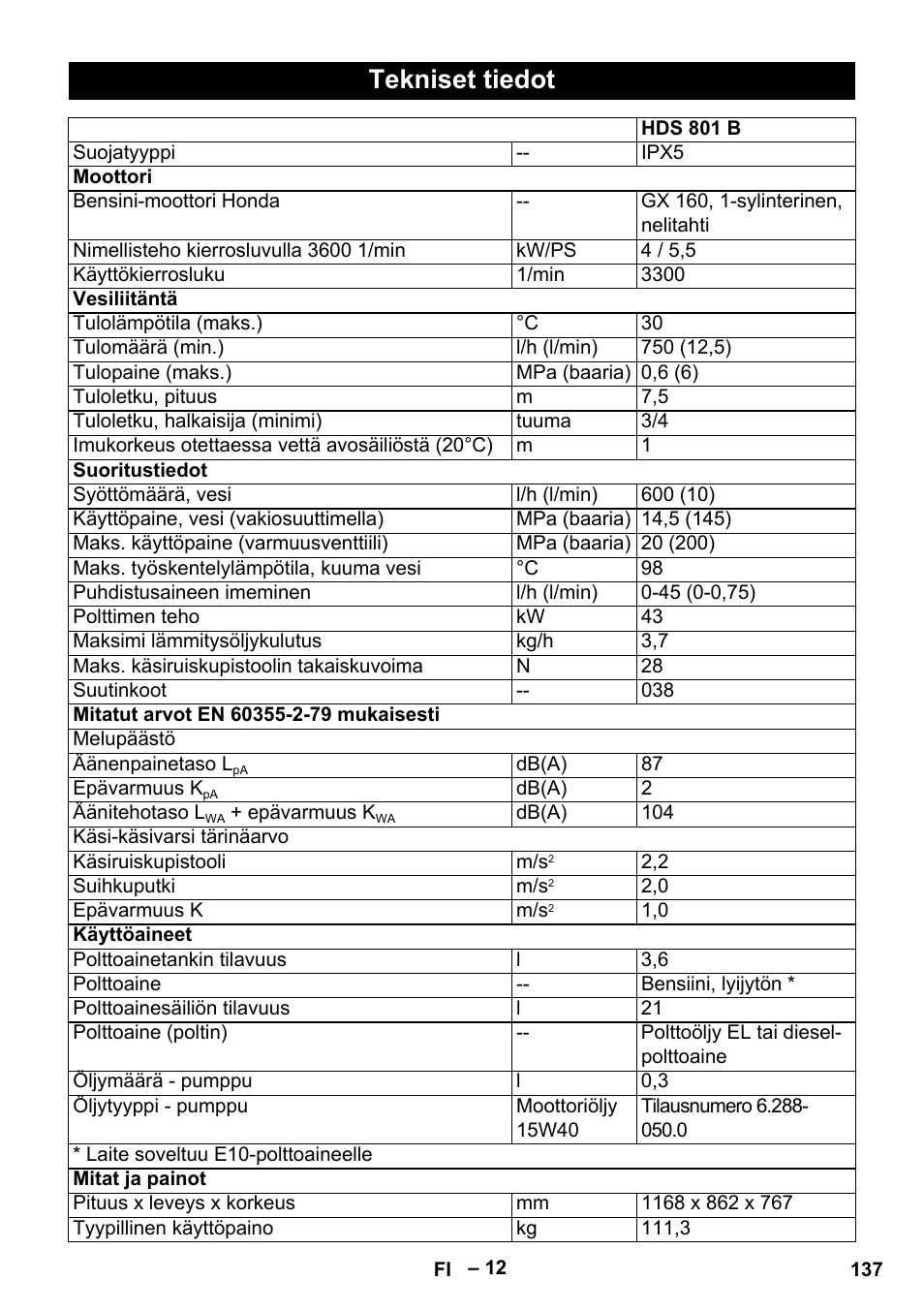 Tekniset tiedot | Karcher HDS 801 B User Manual | Page 137 / 332