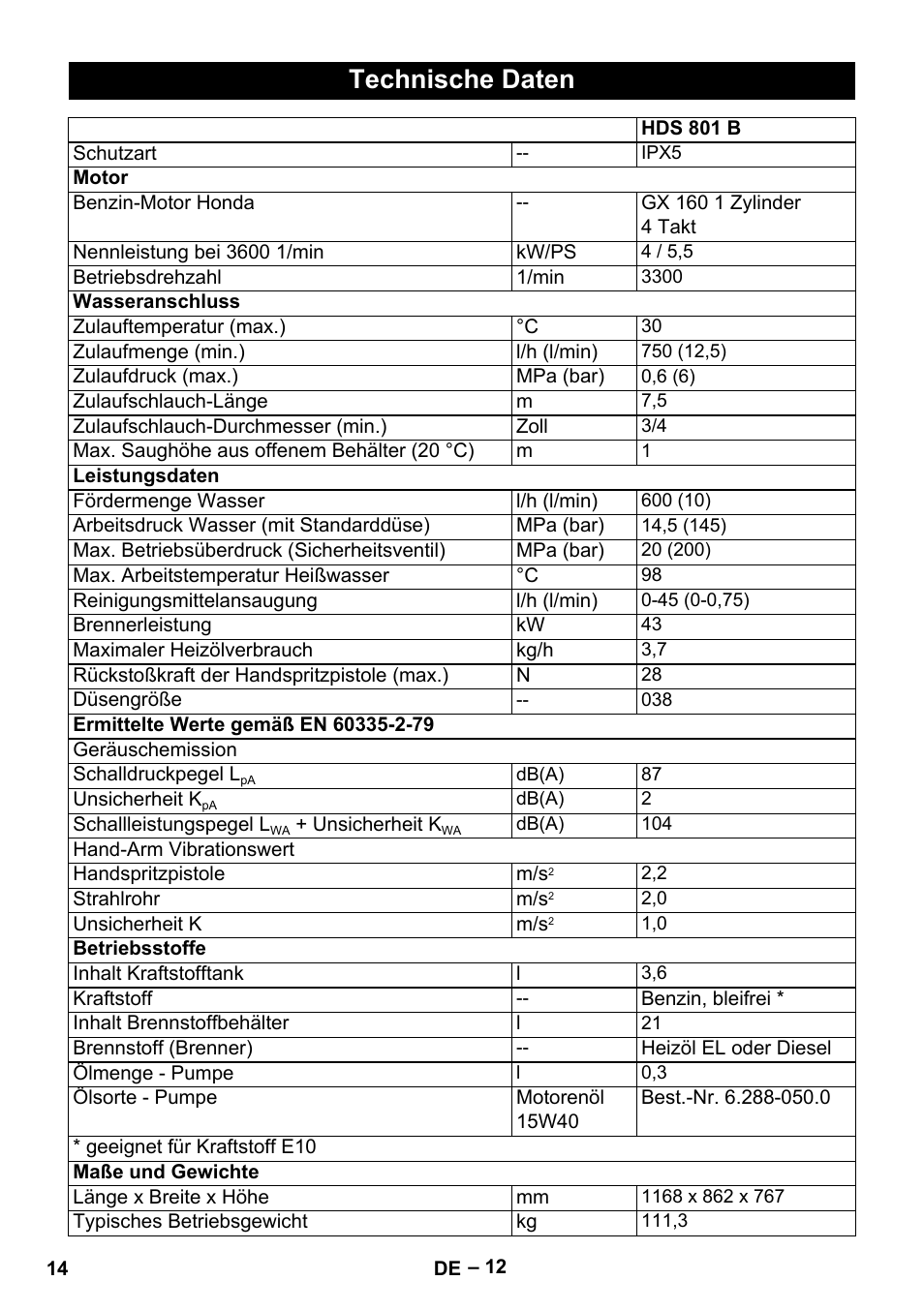 Technische daten | Karcher HDS 801 B User Manual | Page 14 / 332