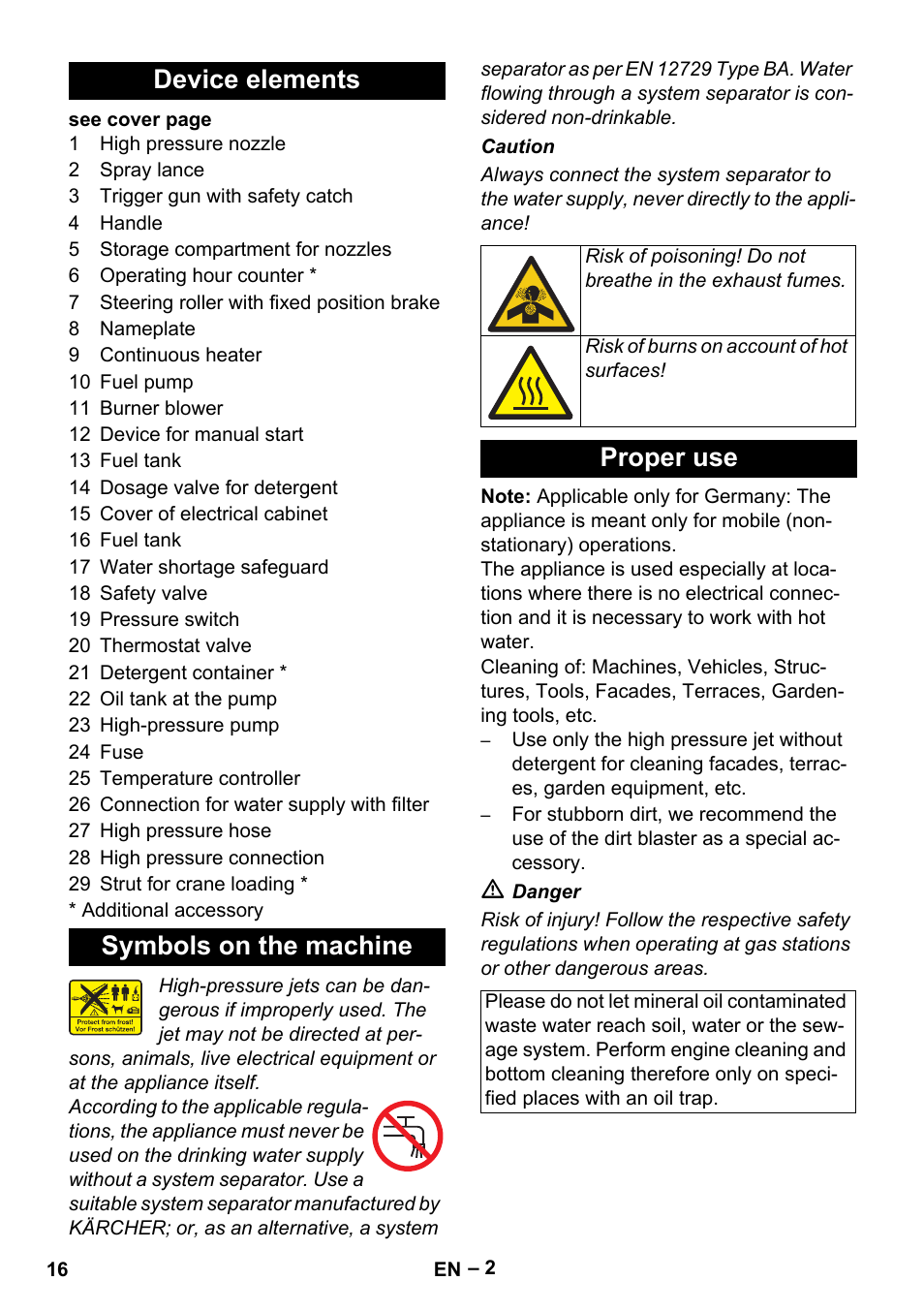 Device elements, Symbols on the machine, Proper use | Device elements symbols on the machine | Karcher HDS 801 B User Manual | Page 16 / 332