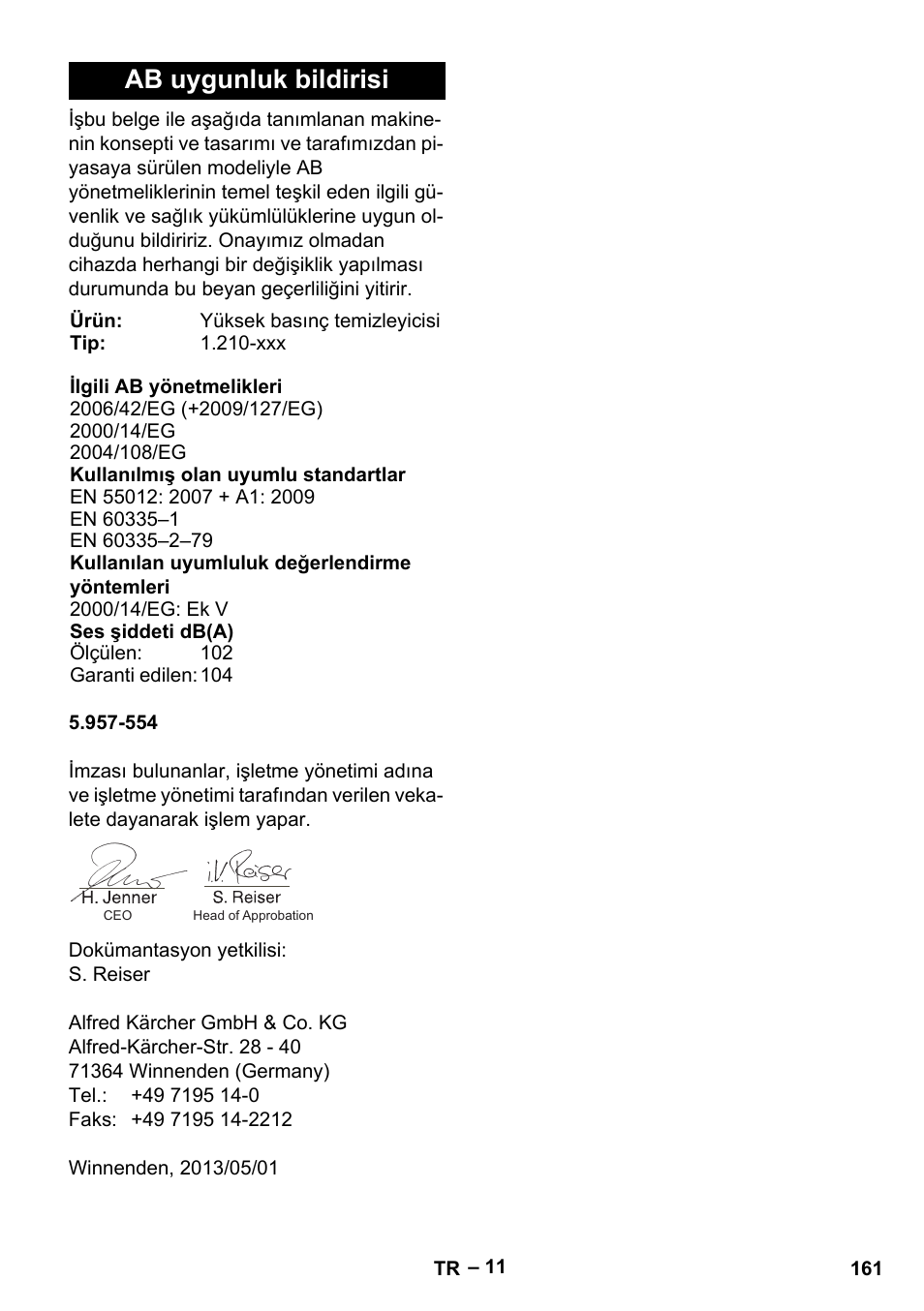 Ab uygunluk bildirisi | Karcher HDS 801 B User Manual | Page 161 / 332