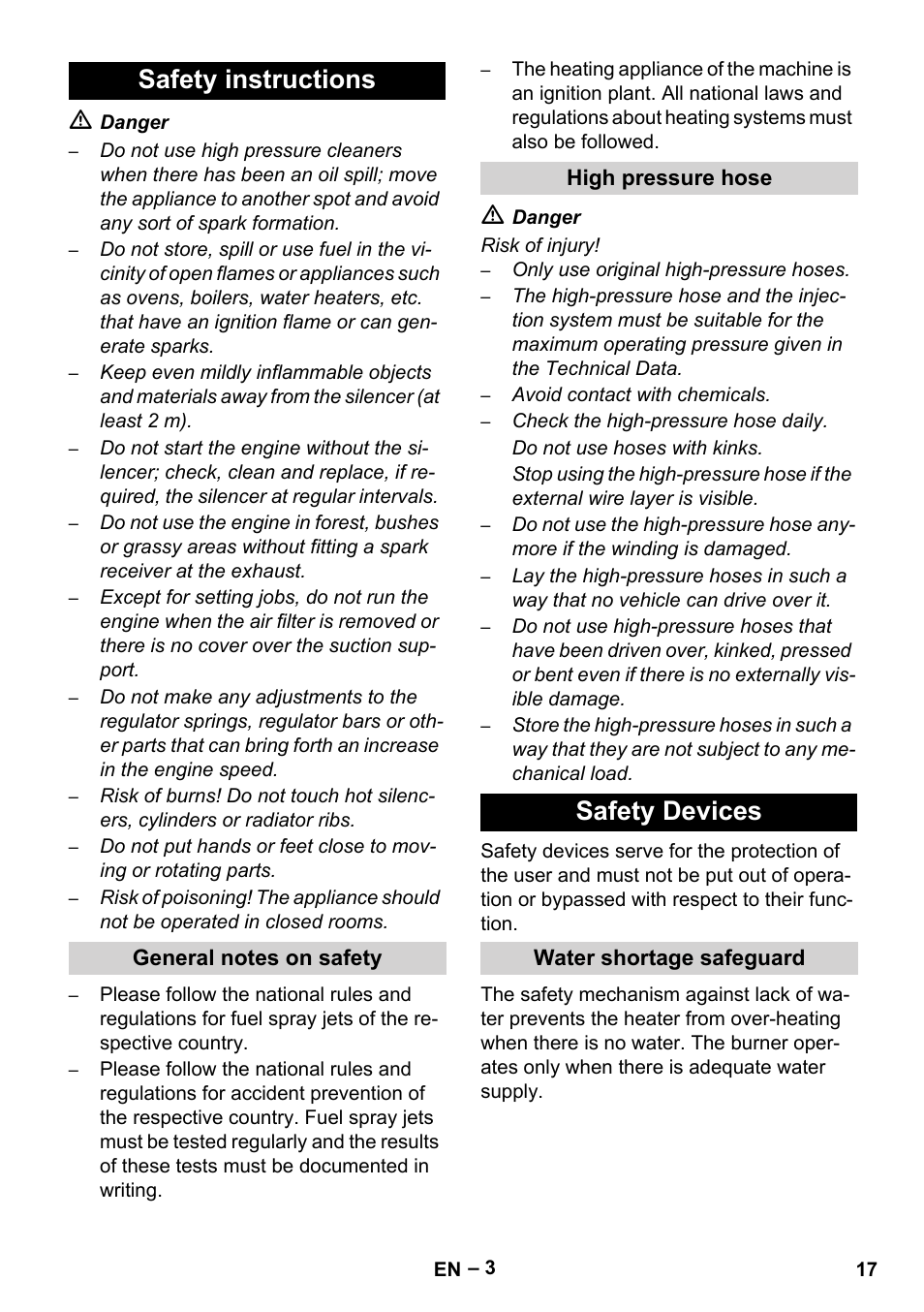 Safety instructions, General notes on safety, High pressure hose | Safety devices, Water shortage safeguard | Karcher HDS 801 B User Manual | Page 17 / 332