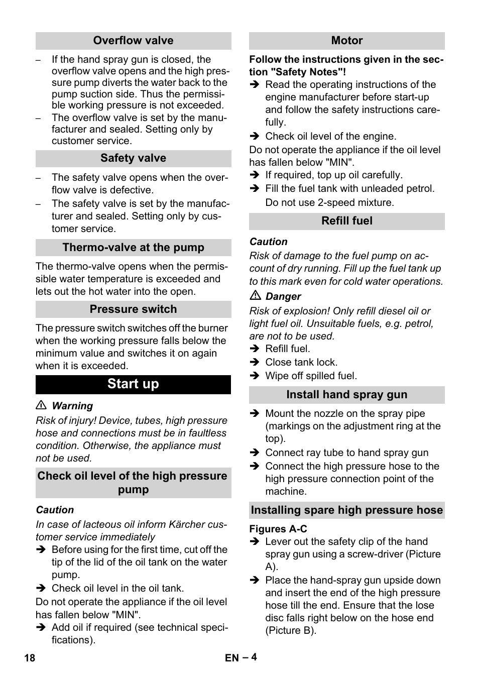 Overflow valve, Safety valve, Thermo-valve at the pump | Pressure switch, Start up, Check oil level of the high pressure pump, Motor, Refill fuel, Install hand spray gun, Installing spare high pressure hose | Karcher HDS 801 B User Manual | Page 18 / 332