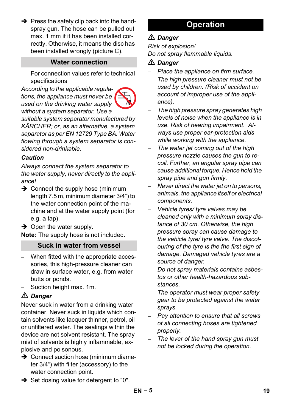 Water connection, Suck in water from vessel, Operation | Karcher HDS 801 B User Manual | Page 19 / 332