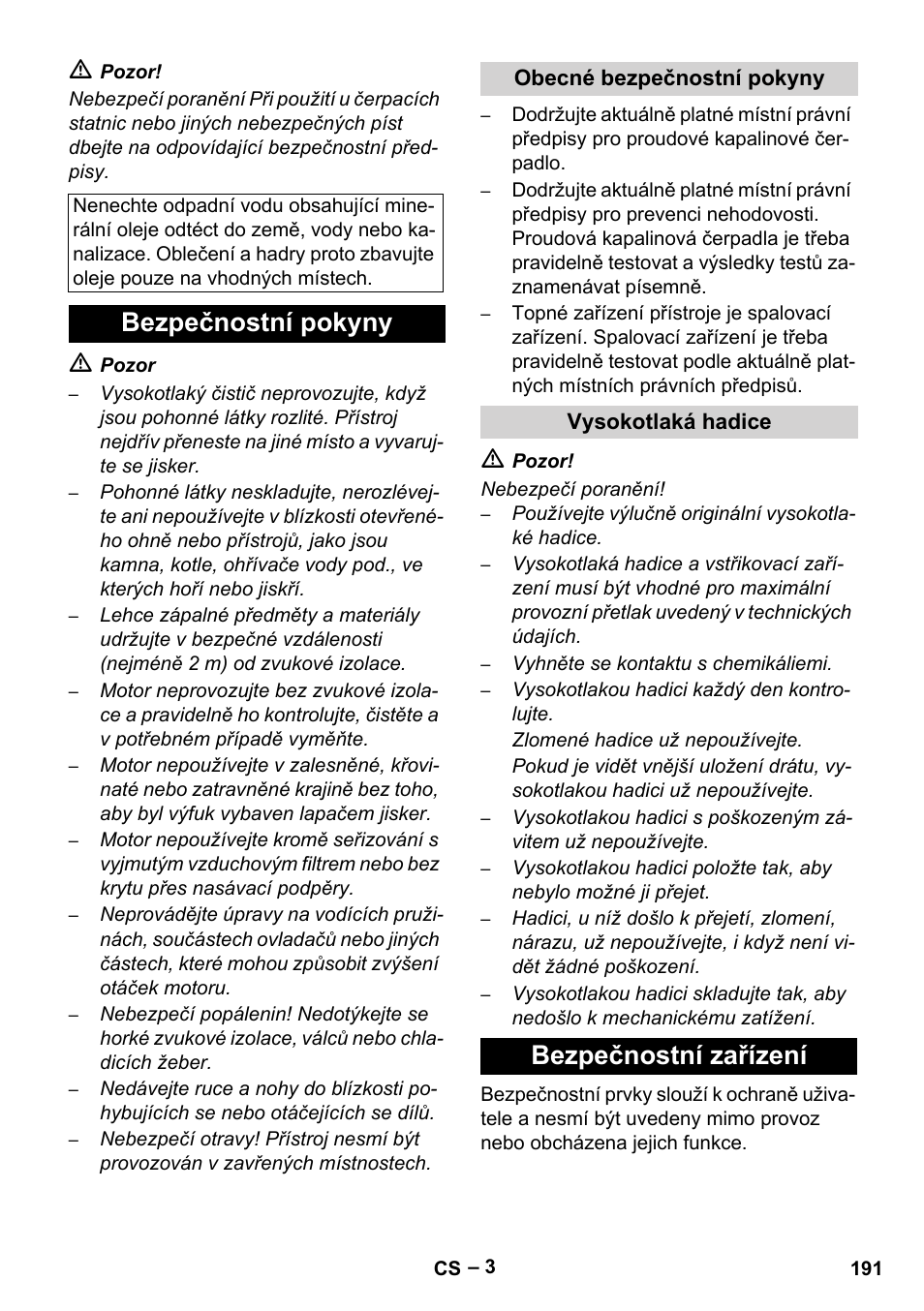 Bezpečnostní pokyny, Obecné bezpečnostní pokyny, Vysokotlaká hadice | Bezpečnostní zařízení | Karcher HDS 801 B User Manual | Page 191 / 332