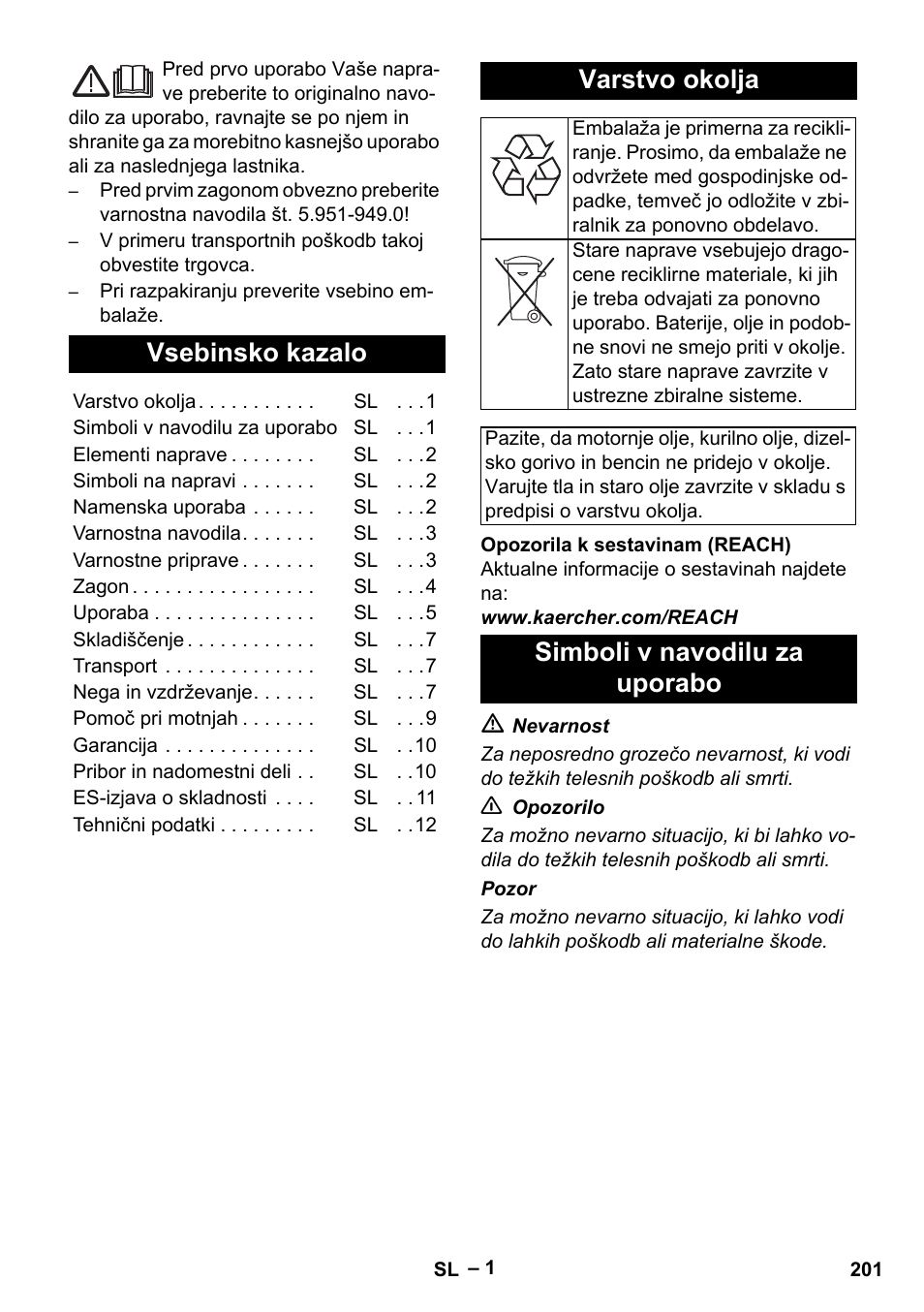 Slovenščina, Vsebinsko kazalo, Varstvo okolja | Simboli v navodilu za uporabo | Karcher HDS 801 B User Manual | Page 201 / 332