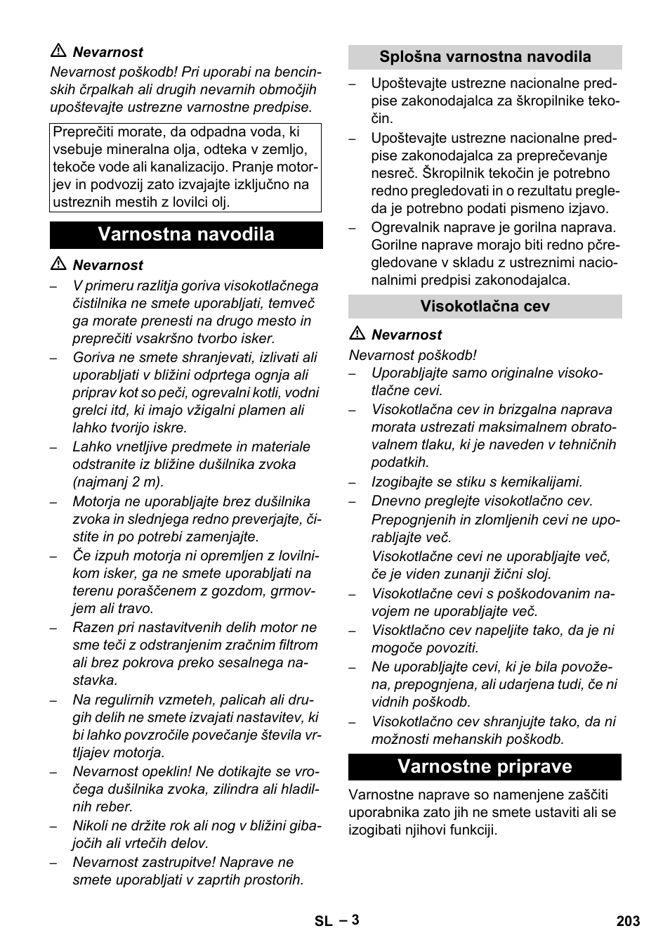 Varnostna navodila, Splošna varnostna navodila, Visokotlačna cev | Varnostne priprave | Karcher HDS 801 B User Manual | Page 203 / 332