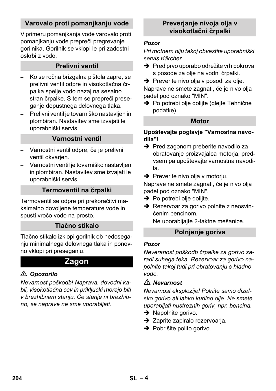 Varovalo proti pomanjkanju vode, Prelivni ventil, Varnostni ventil | Termoventil na črpalki, Tlačno stikalo, Zagon, Preverjanje nivoja olja v visokotlačni črpalki, Motor, Polnjenje goriva | Karcher HDS 801 B User Manual | Page 204 / 332