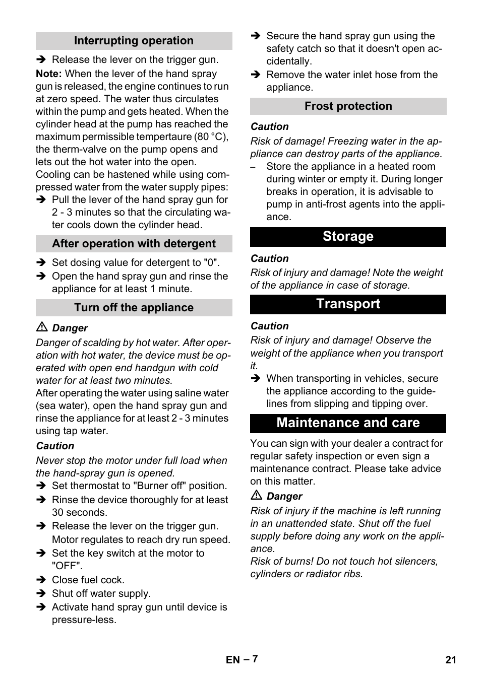 Interrupting operation, After operation with detergent, Turn off the appliance | Frost protection, Storage, Transport, Maintenance and care, Storage transport maintenance and care | Karcher HDS 801 B User Manual | Page 21 / 332