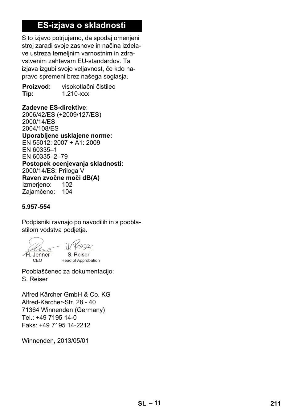 Es-izjava o skladnosti | Karcher HDS 801 B User Manual | Page 211 / 332