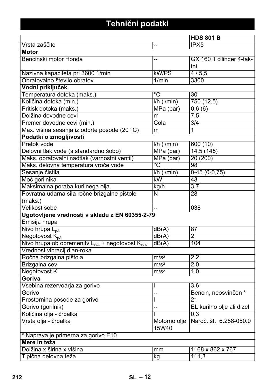 Tehnični podatki | Karcher HDS 801 B User Manual | Page 212 / 332