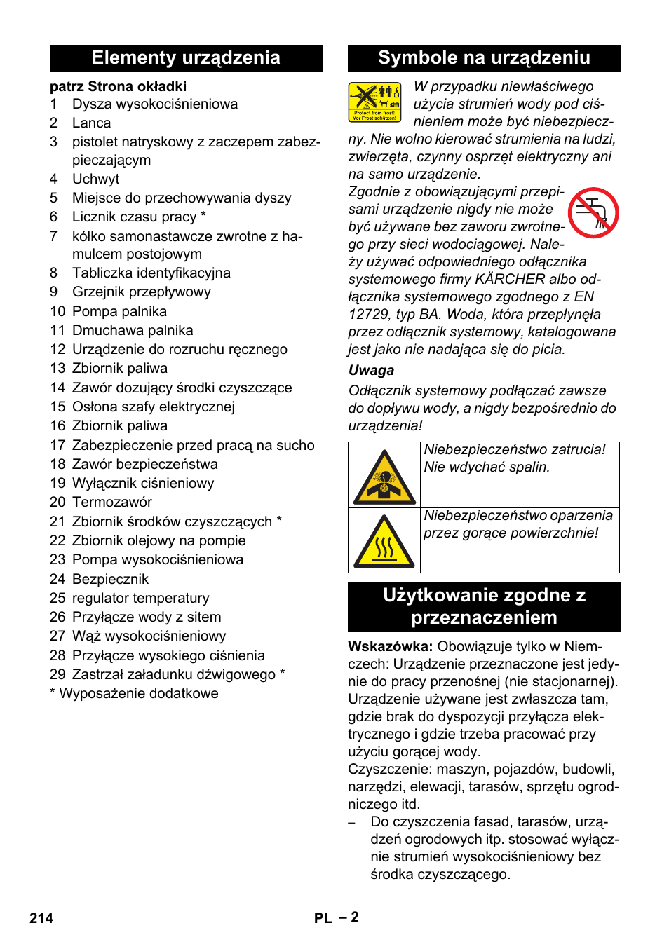 Elementy urządzenia, Symbole na urządzeniu, Użytkowanie zgodne z przeznaczeniem | Elementy urządzenia symbole na urządzeniu | Karcher HDS 801 B User Manual | Page 214 / 332