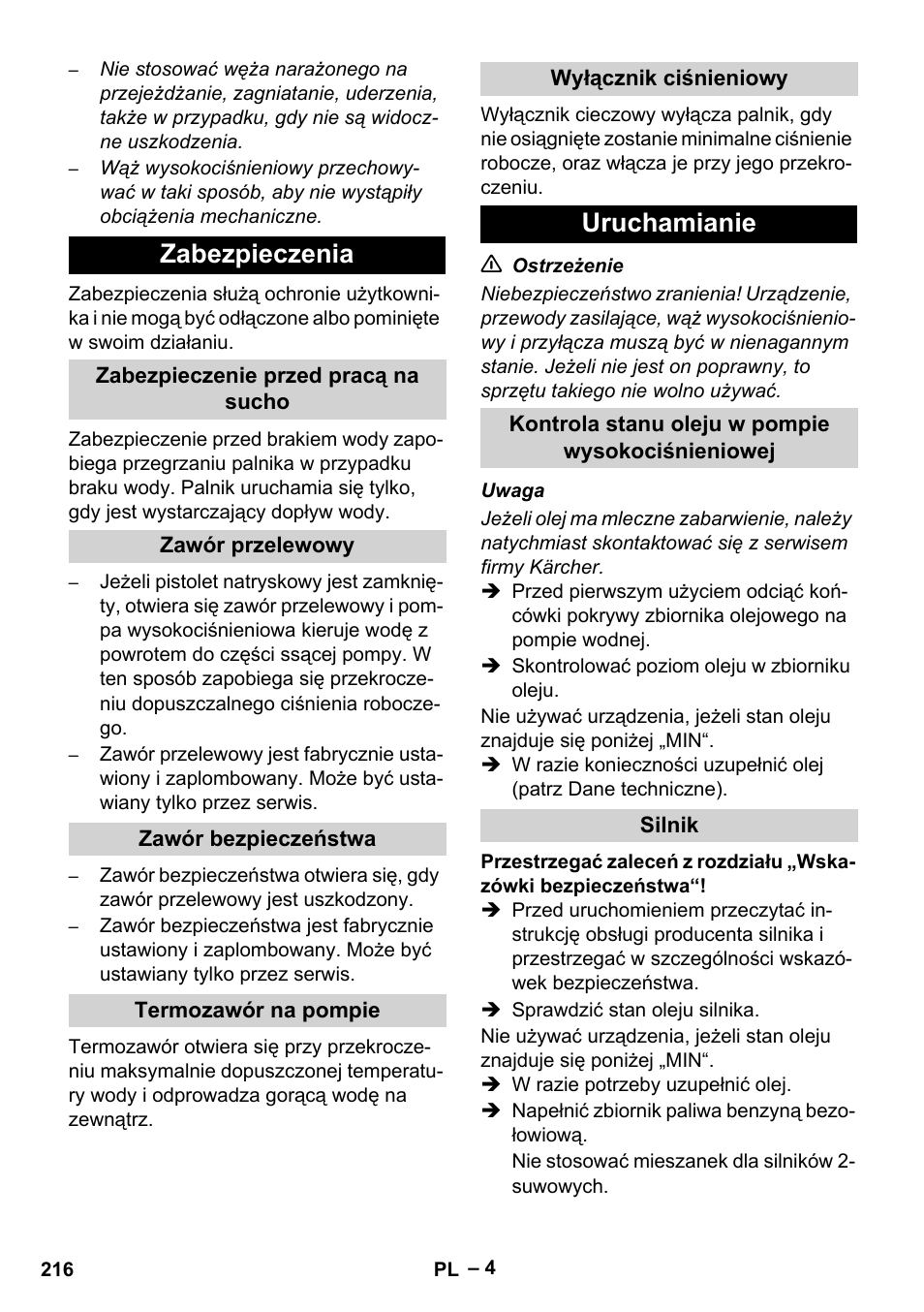 Zabezpieczenia, Zabezpieczenie przed pracą na sucho, Zawór przelewowy | Zawór bezpieczeństwa, Termozawór na pompie, Wyłącznik ciśnieniowy, Uruchamianie, Kontrola stanu oleju w pompie wysokociśnieniowej, Silnik | Karcher HDS 801 B User Manual | Page 216 / 332