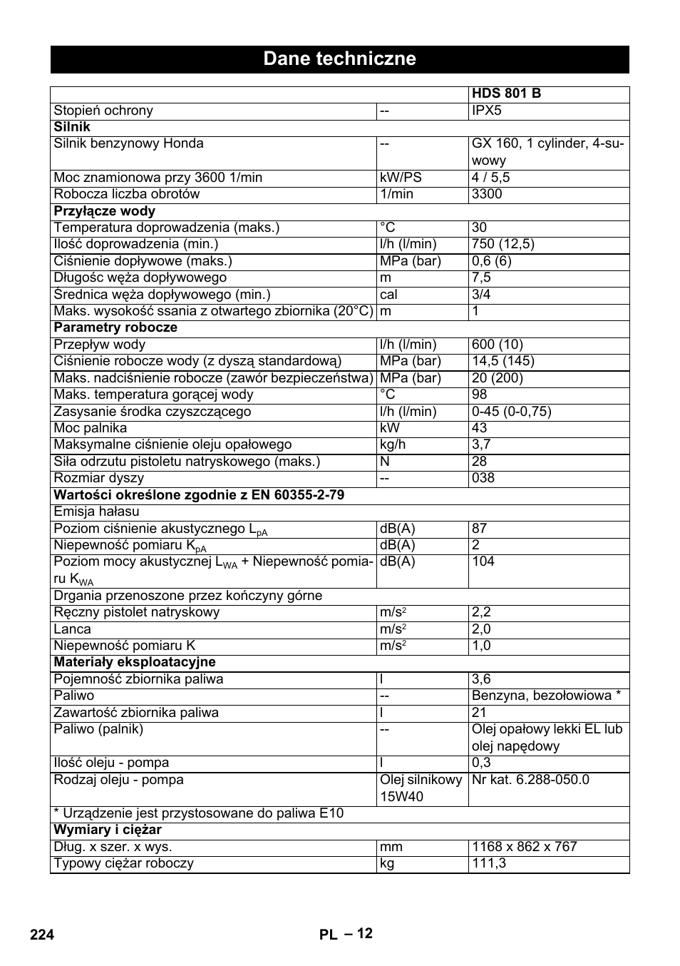 Dane techniczne | Karcher HDS 801 B User Manual | Page 224 / 332