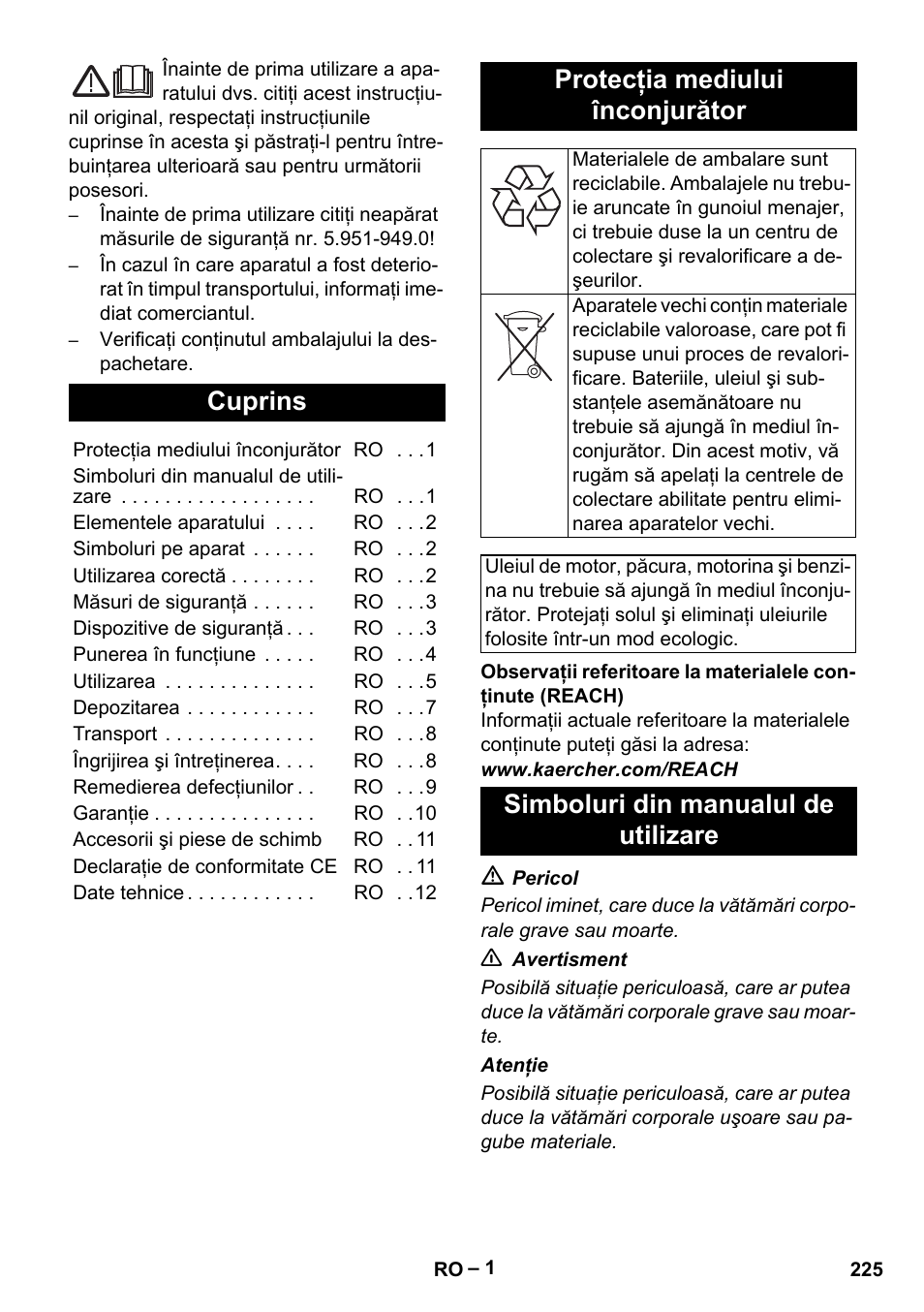 Româneşte, Cuprins, Protecţia mediului înconjurător | Simboluri din manualul de utilizare | Karcher HDS 801 B User Manual | Page 225 / 332