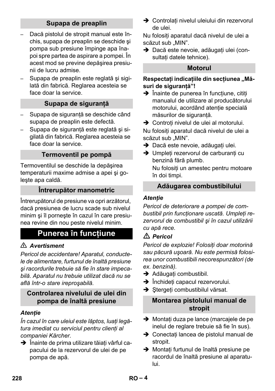 Supapa de preaplin, Supapa de siguranţă, Termoventil pe pompă | Întrerupător manometric, Punerea în funcţiune, Motorul, Adăugarea combustibilului, Montarea pistolului manual de stropit | Karcher HDS 801 B User Manual | Page 228 / 332