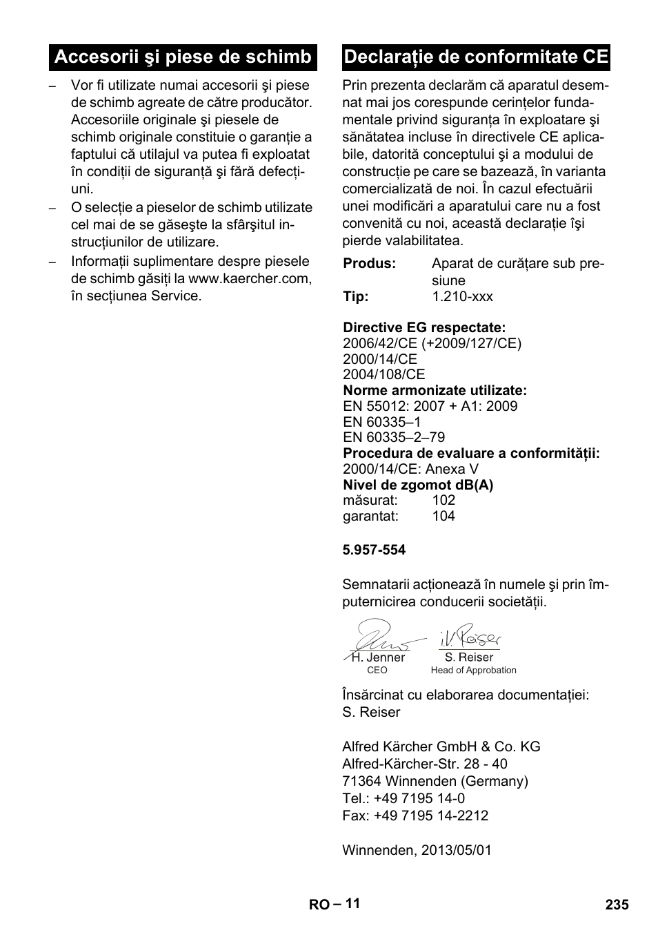 Accesorii şi piese de schimb, Declaraţie de conformitate ce | Karcher HDS 801 B User Manual | Page 235 / 332