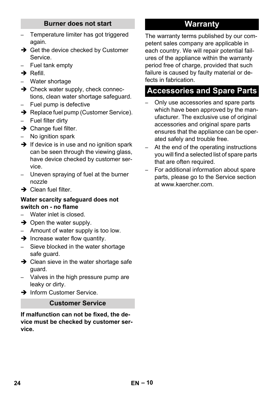 Burner does not start, Customer service, Warranty | Accessories and spare parts, Warranty accessories and spare parts | Karcher HDS 801 B User Manual | Page 24 / 332