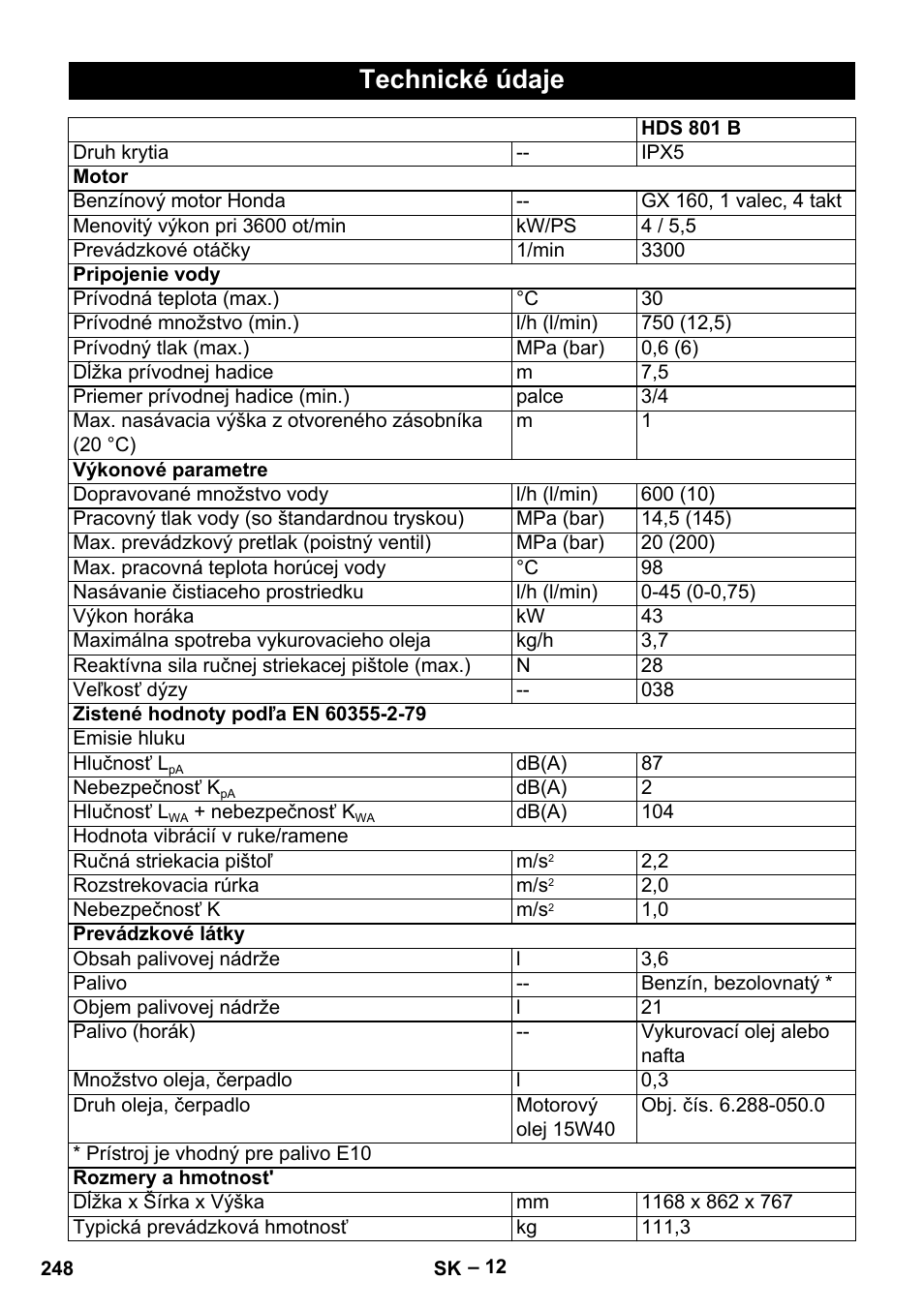 Technické údaje | Karcher HDS 801 B User Manual | Page 248 / 332