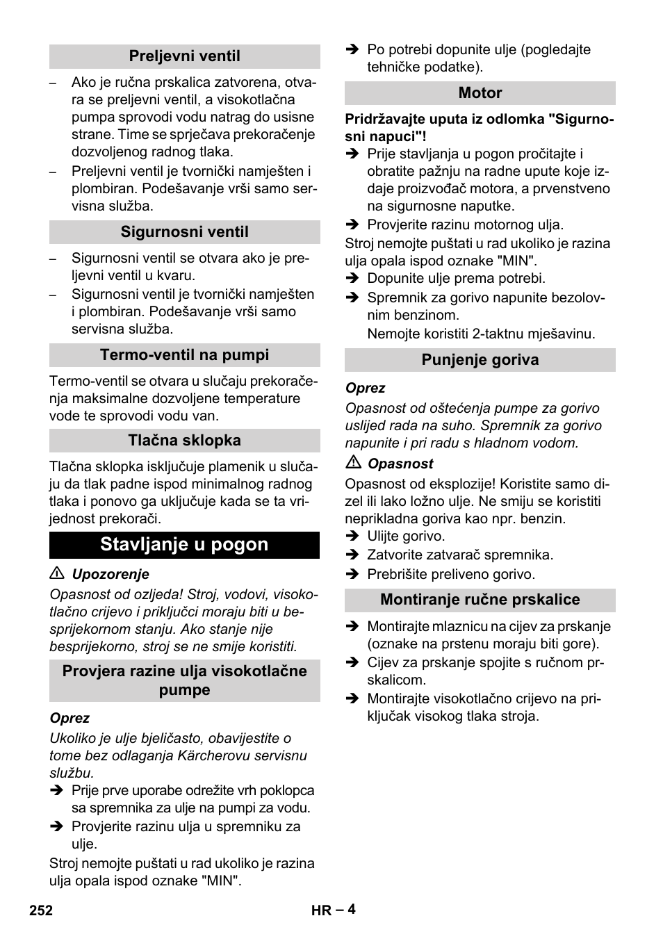 Preljevni ventil, Sigurnosni ventil, Termo-ventil na pumpi | Tlačna sklopka, Stavljanje u pogon, Provjera razine ulja visokotlačne pumpe, Motor, Punjenje goriva, Montiranje ručne prskalice | Karcher HDS 801 B User Manual | Page 252 / 332