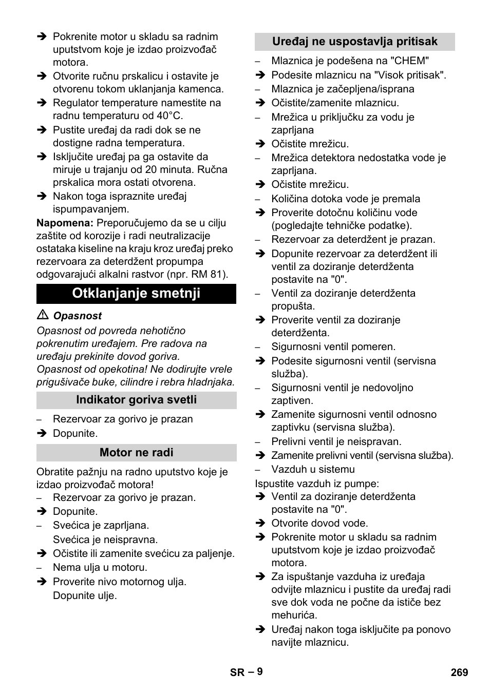 Otklanjanje smetnji, Indikator goriva svetli, Motor ne radi | Uređaj ne uspostavlja pritisak | Karcher HDS 801 B User Manual | Page 269 / 332