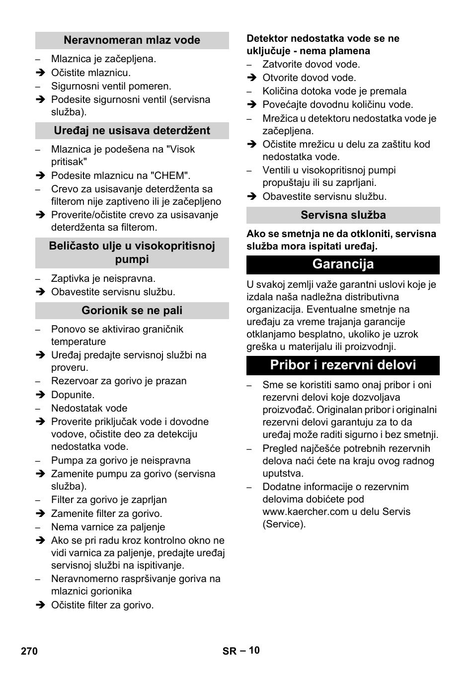 Neravnomeran mlaz vode, Uređaj ne usisava deterdžent, Beličasto ulje u visokopritisnoj pumpi | Gorionik se ne pali, Servisna služba, Garancija, Pribor i rezervni delovi, Garancija pribor i rezervni delovi | Karcher HDS 801 B User Manual | Page 270 / 332