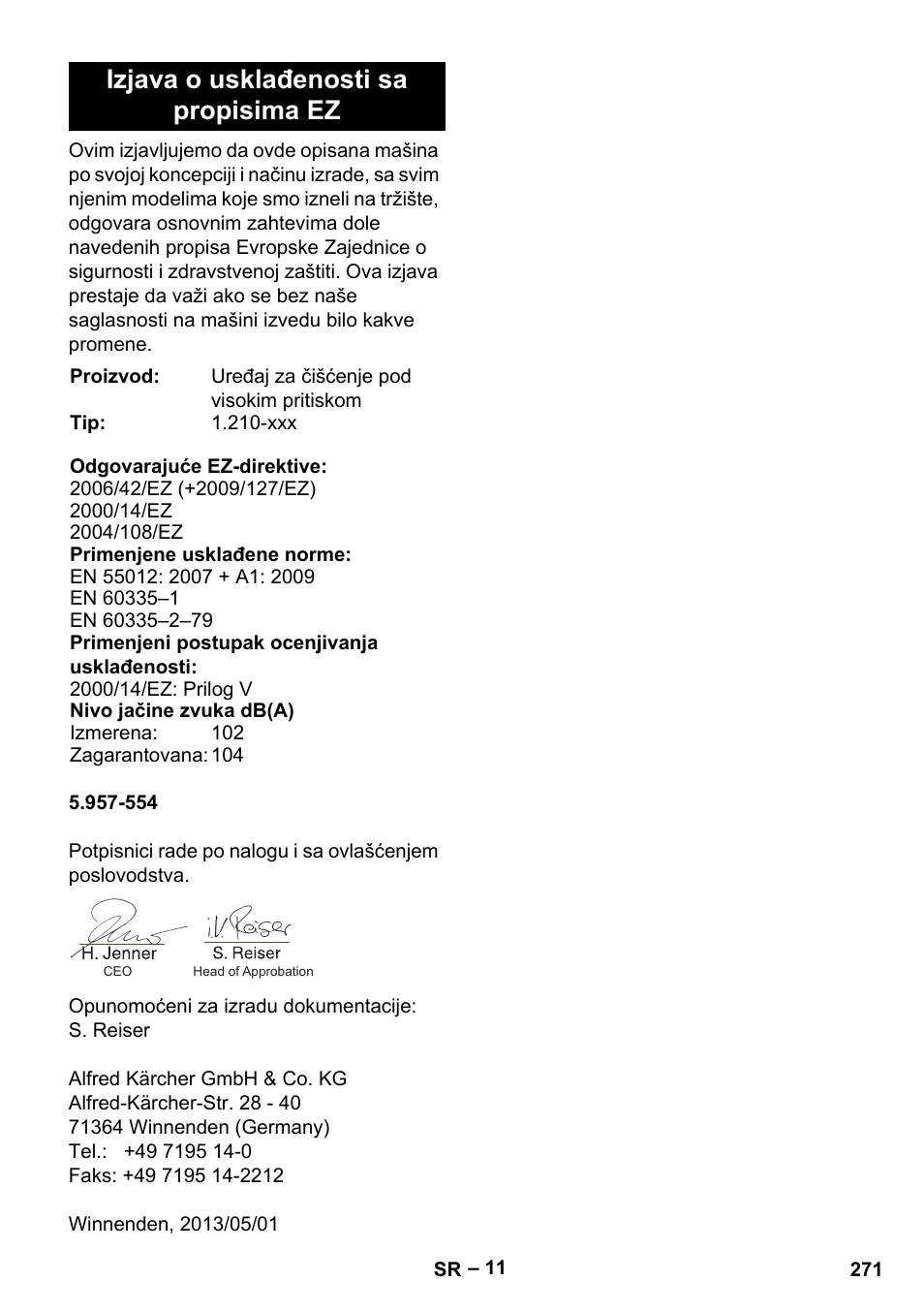 Izjava o usklađenosti sa propisima ez | Karcher HDS 801 B User Manual | Page 271 / 332