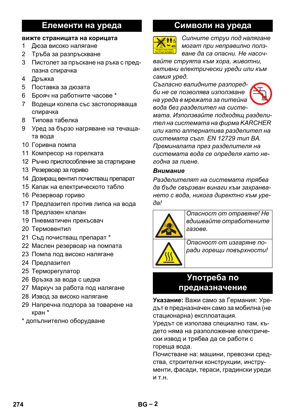 Елементи на уреда, Символи на уреда, Употреба по предназначение | Елементи на уреда символи на уреда | Karcher HDS 801 B User Manual | Page 274 / 332