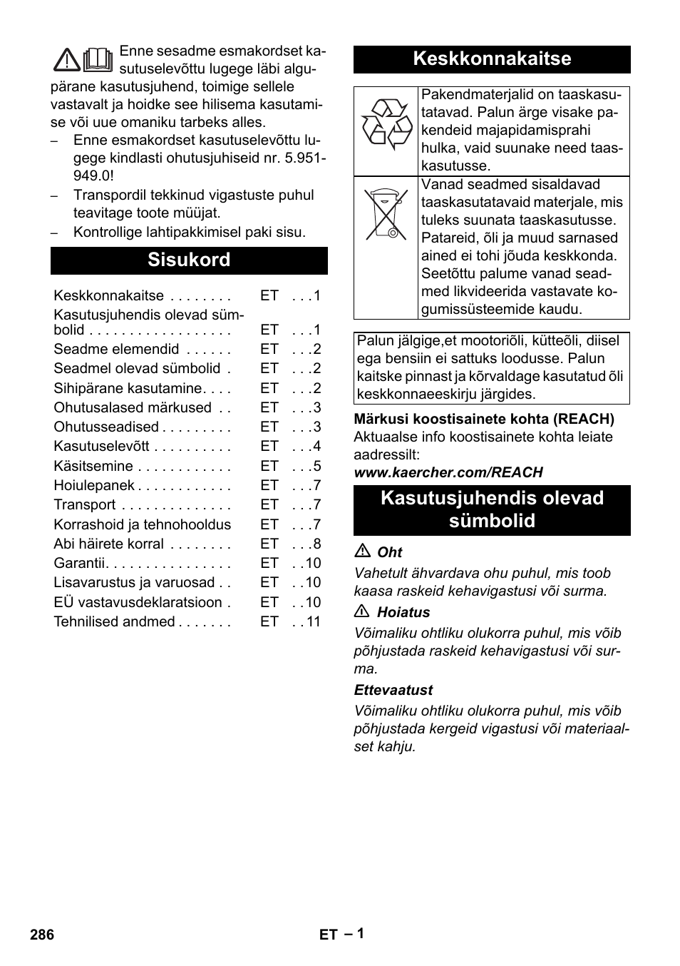 Eesti, Sisukord, Keskkonnakaitse | Kasutusjuhendis olevad sümbolid | Karcher HDS 801 B User Manual | Page 286 / 332