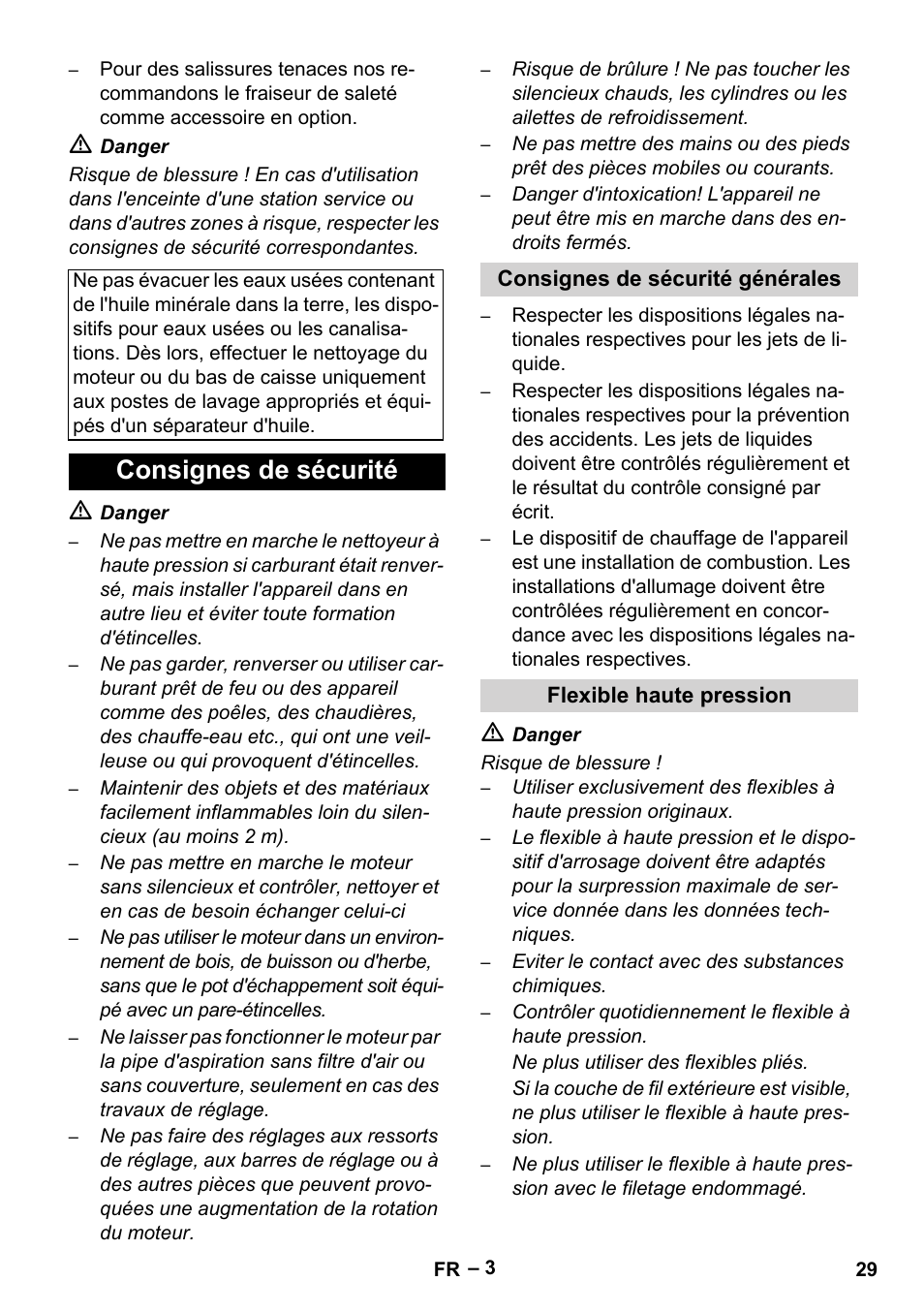 Consignes de sécurité, Consignes de sécurité générales, Flexible haute pression | Karcher HDS 801 B User Manual | Page 29 / 332