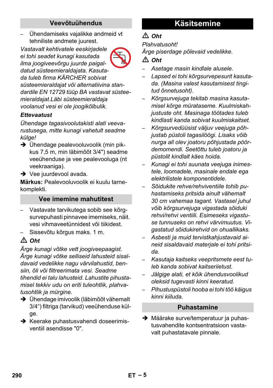 Veevõtuühendus, Vee imemine mahutitest, Käsitsemine | Puhastamine | Karcher HDS 801 B User Manual | Page 290 / 332