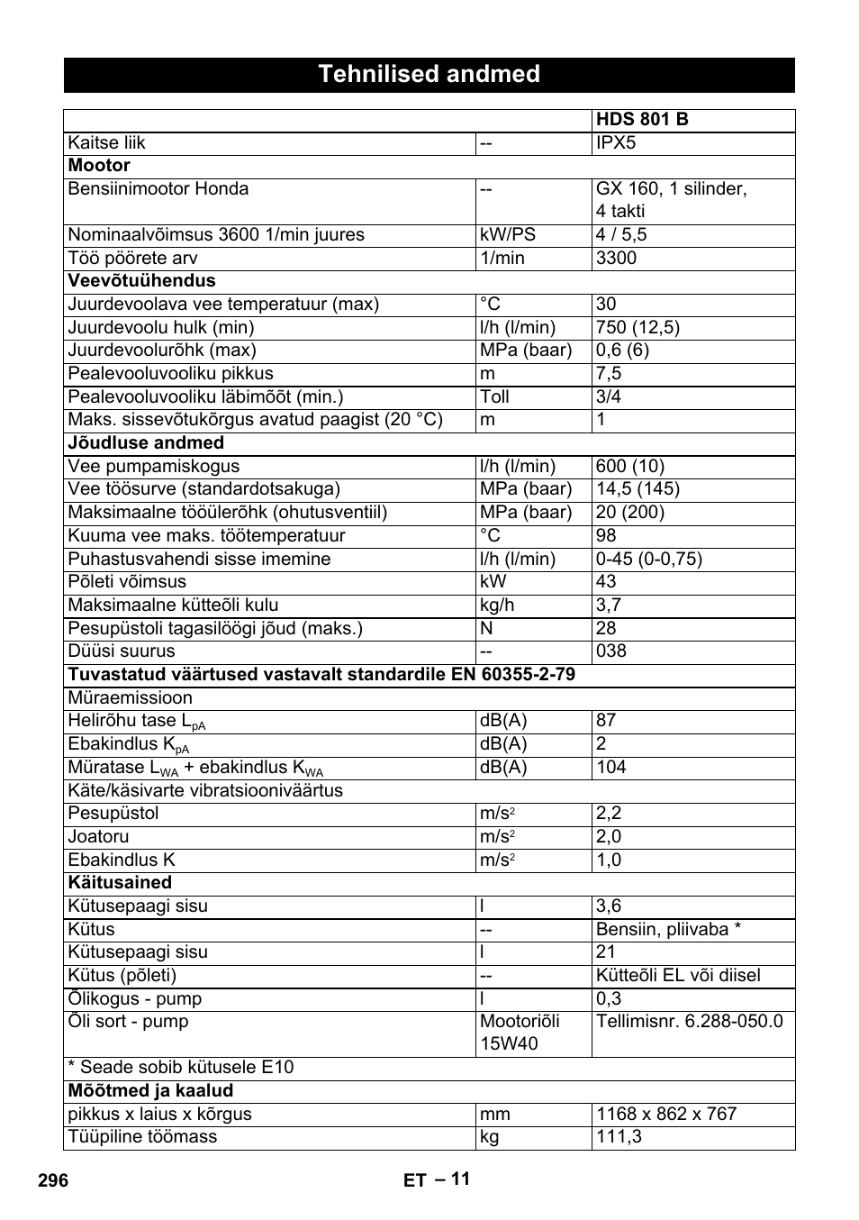 Tehnilised andmed | Karcher HDS 801 B User Manual | Page 296 / 332