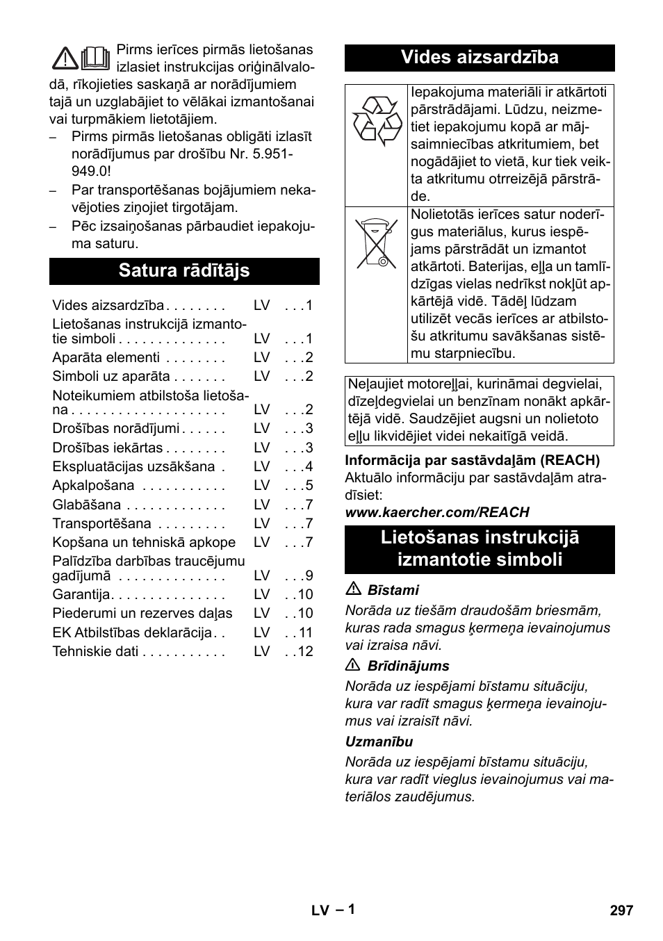 Latviešu, Satura rādītājs, Vides aizsardzība | Lietošanas instrukcijā izmantotie simboli | Karcher HDS 801 B User Manual | Page 297 / 332
