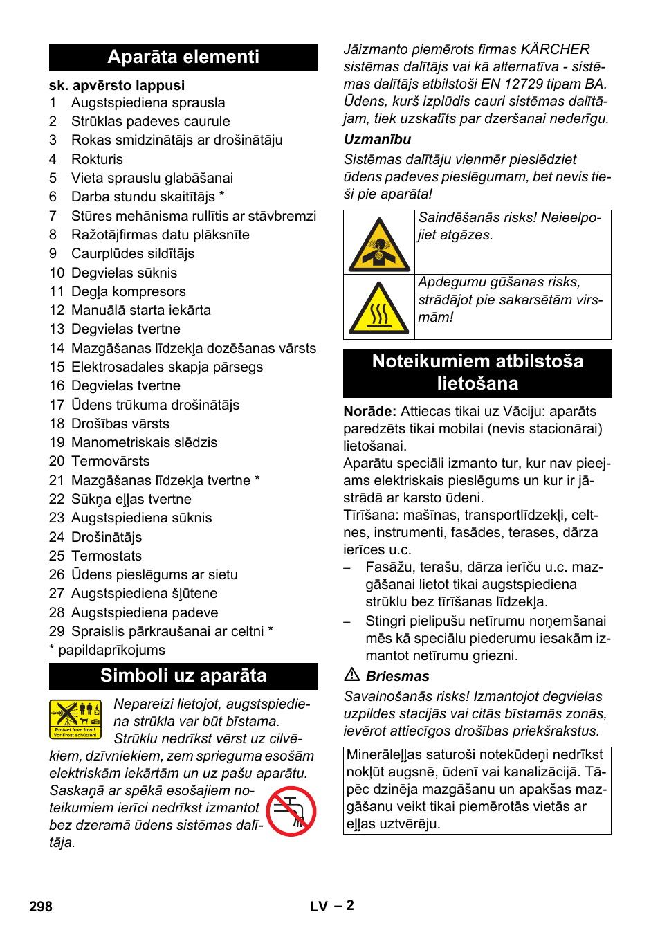 Aparāta elementi, Simboli uz aparāta, Noteikumiem atbilstoša lietošana | Aparāta elementi simboli uz aparāta | Karcher HDS 801 B User Manual | Page 298 / 332