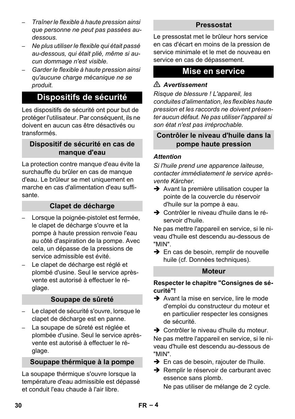 Dispositifs de sécurité, Dispositif de sécurité en cas de manque d'eau, Clapet de décharge | Soupape de sûreté, Soupape thérmique à la pompe, Pressostat, Mise en service, Moteur | Karcher HDS 801 B User Manual | Page 30 / 332