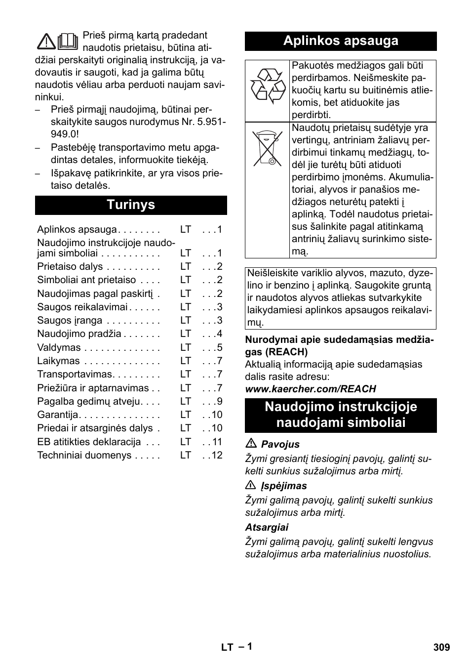 Lietuviškai, Turinys, Aplinkos apsauga | Naudojimo instrukcijoje naudojami simboliai | Karcher HDS 801 B User Manual | Page 309 / 332