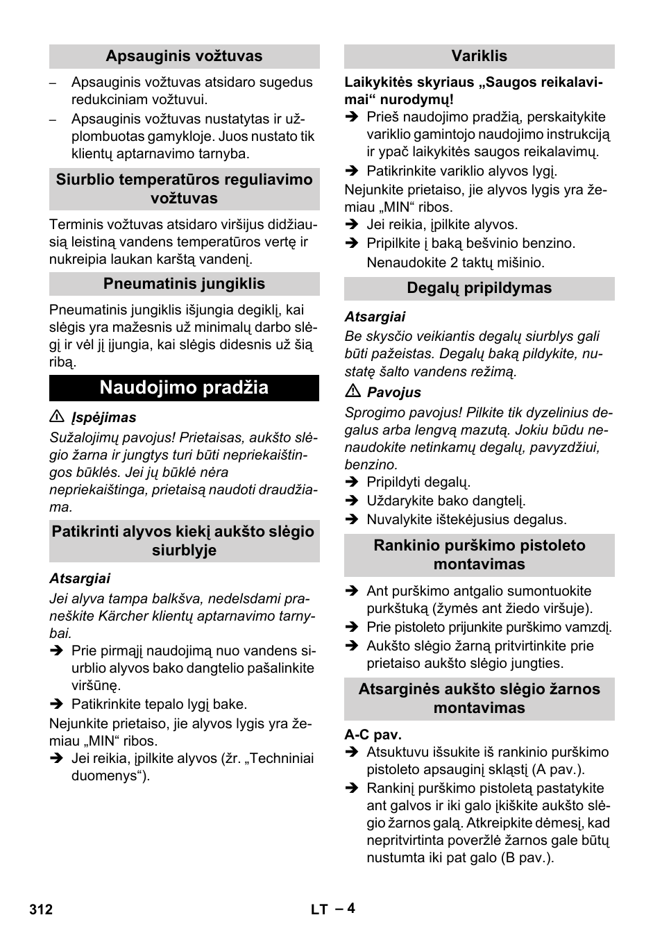 Apsauginis vožtuvas, Siurblio temperatūros reguliavimo vožtuvas, Pneumatinis jungiklis | Naudojimo pradžia, Patikrinti alyvos kiekį aukšto slėgio siurblyje, Variklis, Degalų pripildymas, Rankinio purškimo pistoleto montavimas, Atsarginės aukšto slėgio žarnos montavimas | Karcher HDS 801 B User Manual | Page 312 / 332